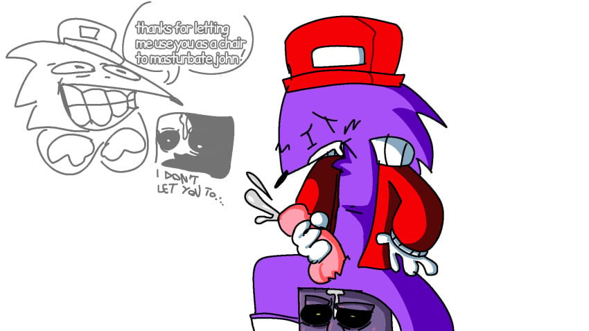 cum cumming duo ejaculation english_text first_porn_of_character furry male masturbation penis pillar_john pizza_tower porcupine purple_fur shitpost shocked snick_the_porcupine traumatized white_background white_gloves white_shoes