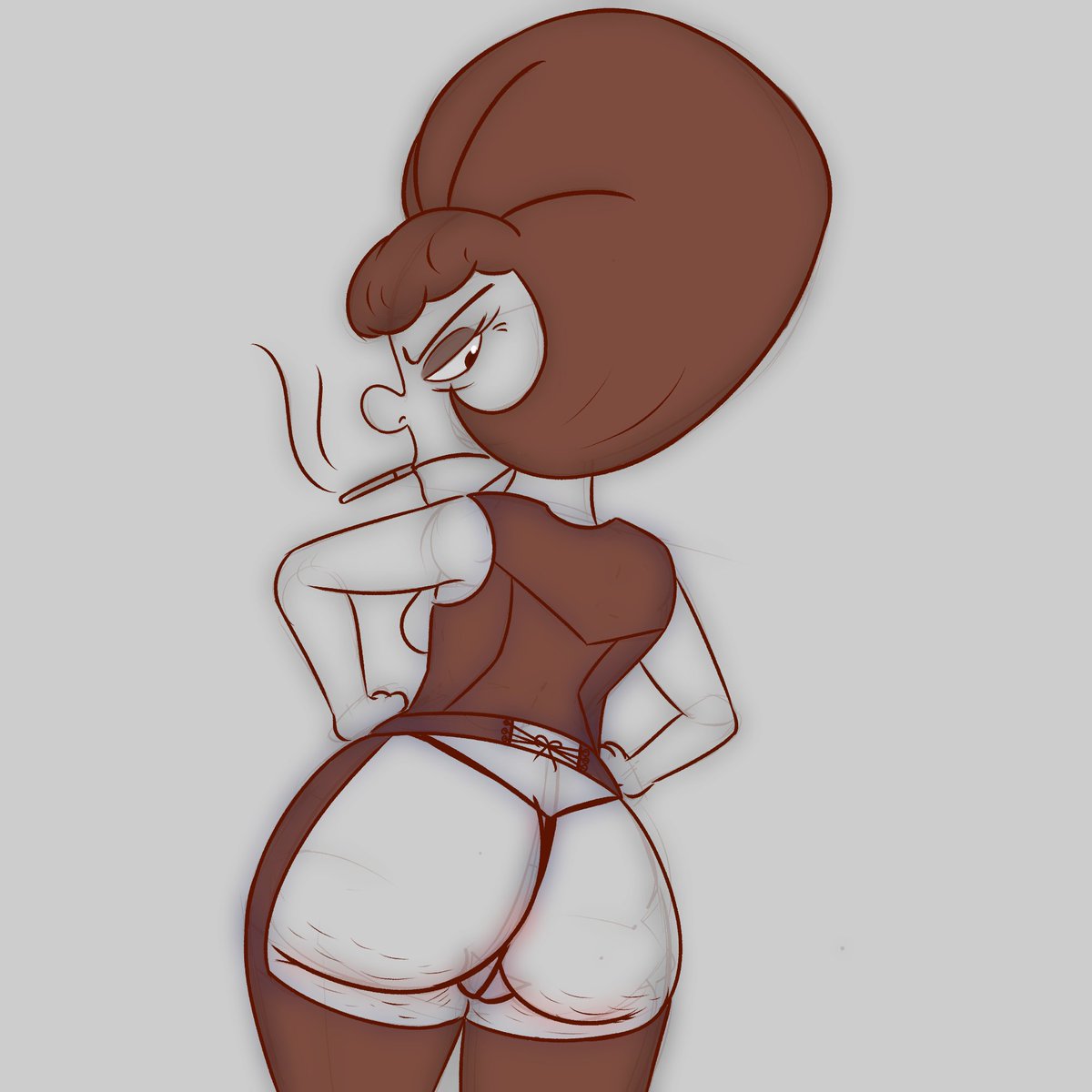 angry_face ass breasts cartoon_network dexter's_laboratory g-string glare jacket looking_at_viewer looking_back midge no_color panties smoking thong waitress wide_hips