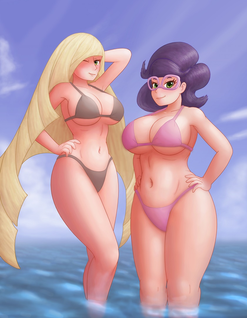 1girl 2_girls abs aether_foundation alternate_hairstyle beach belly big_ass big_breasts bikini blonde_hair blue_sky cleavage clouds creatures_(company) daytime female_only glasses green_eyes grey_bikini hand_on_hair hand_on_hip huge_breasts human long_hair looking_at_viewer lusamine lusamine_(pokemon) midriff milf navel nintendo pale-skinned_female pink_bikini pink_glasses pokemon pokemon_sm purple_hair saf-404 safartwoks safartworks seaside smile thick_female thick_thighs under_boob very_long_hair video_game_character wicke wicke_(pokemon) wide_hips wink