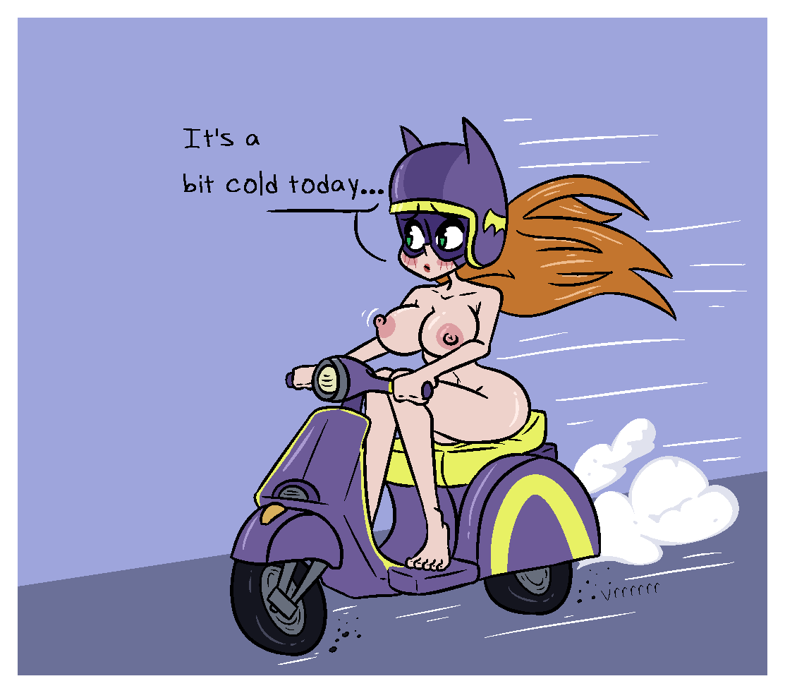 batgirl blush breasts dc_comics dc_super_hero_girls embarrassed embarrassing enf forgetting_clothes green_eyes helmet mask nipples nude nude nude_female orange_hair public_nudity red_hair scooter shiny shiny_skin strawberriexe