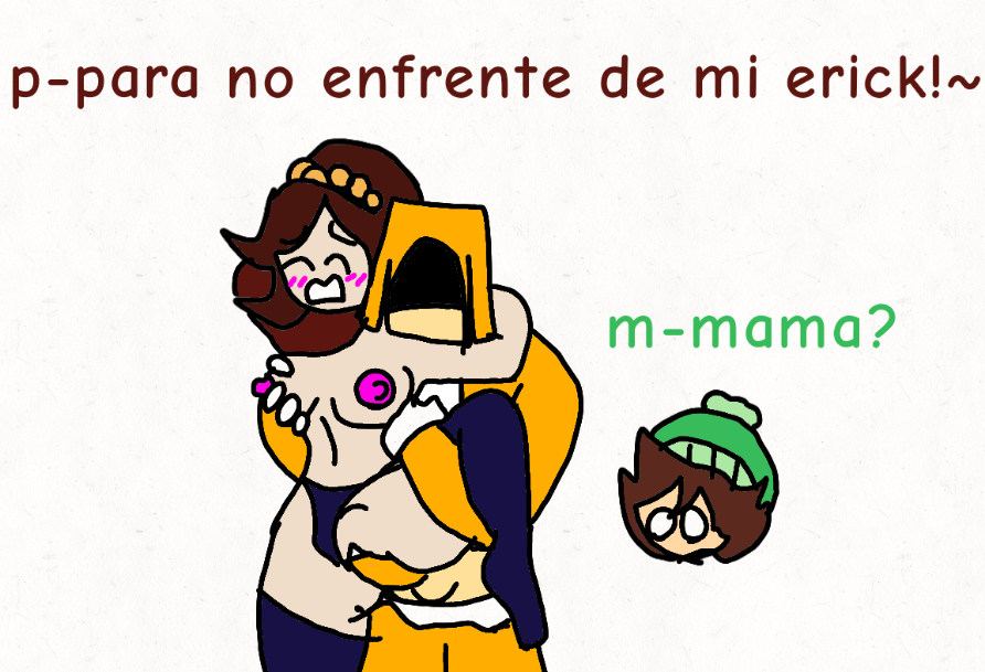bad_drawing_skills bianca_(erick's_mom) big_breasts brown_hair erick_(oc) erickverse flushed green_hat hiper_(oc) moaning_in_pain moaning_in_pleasure ntr orange_hat red_panties red_shirt shocked shocked_expression small_nipples spanish_text tentacle_penis white_background white_gloves white_shirt
