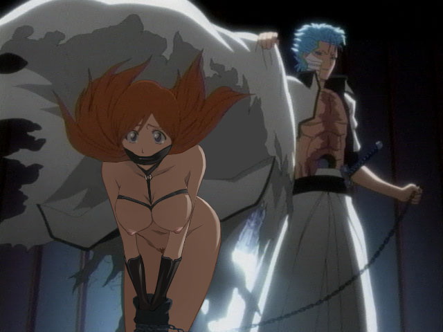 1boy 1girl abs arrancar bdsm bent_over bleach blue_eyes blue_hair bondage bound bound_wrists breast_bondage breasts chain chains clothes espada gag grey_eyes grimmjow grimmjow_jaegerjaquez hollow inoue_orihime katana large_breasts long_hair nipples nude nude_filter orange_hair photoshop rope scar screencap sex_slave sheath sheathed skull sword tears torn_clothes uncensored weapon