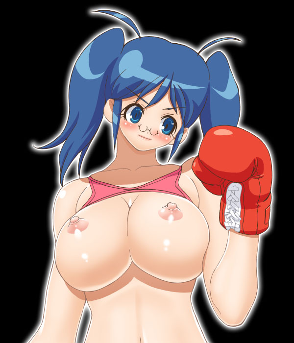 1girl aki_hinata big_breasts black_background blush boxing_gloves breasts error gambler_club hair hinata_aki huge_breasts keroro_gunso keroro_gunsou large_breasts long_hair milf nipples pince-nez poorly_drawn sgt._frog short_hair simple_background solo twintails