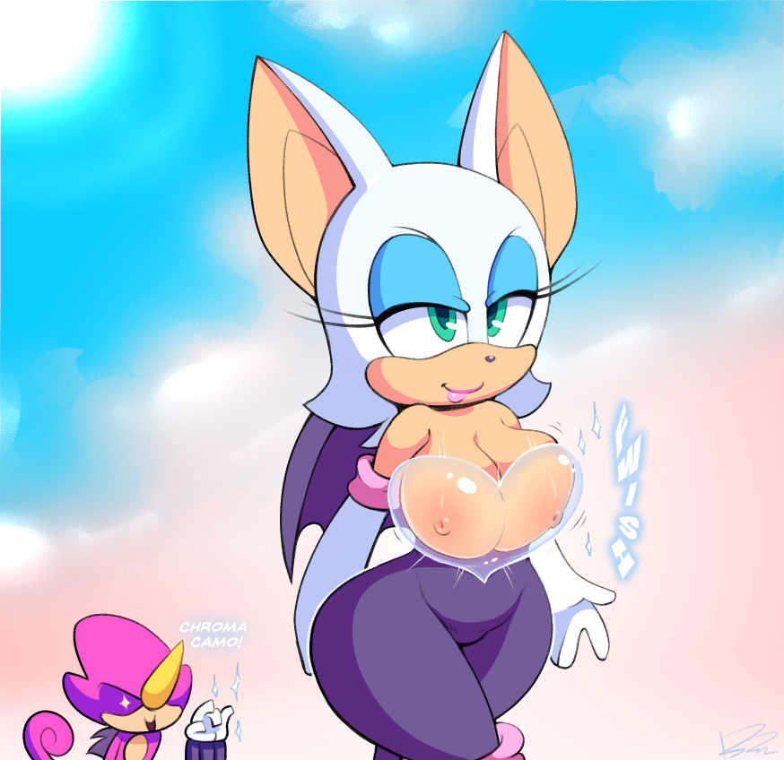 1boy 1girl 2016 anthro areola bat bluebreed breasts chameleon cleavage clothed clothing erect_nipples espio_the_chameleon female female_focus furry huge_breasts large_breasts lizard male mammal nipples reptile rouge_the_bat scalie see-through sega sonic_(series)