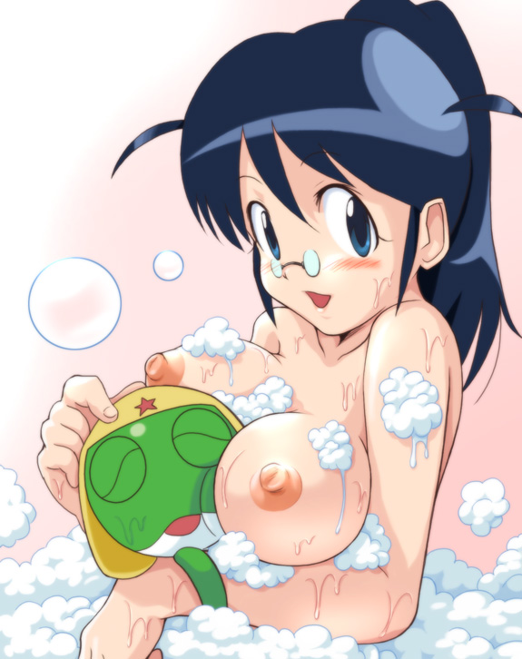 1boy 1girl :d ^_^ aki_hinata arm_grab bangs bath bathing between_breasts blue_eyes blue_hair blush breast_press breasts bubble bubble_bath closed_eyes foam frog from_side glasses green_skin hair hand_on_another's_head happy hat head_between_breasts headgear high_ponytail hinata_aki indoors keroro keroro_gunso keroro_gunsou long_hair looking_at_viewer milf mixed_bathing nipples nude open_mouth parted_bangs partially_submerged pince-nez pink_background ponytail puffy_nipples sgt._frog sidelocks size_difference smile soap soap_bubbles star star_print topless two_side_up upper_body wet