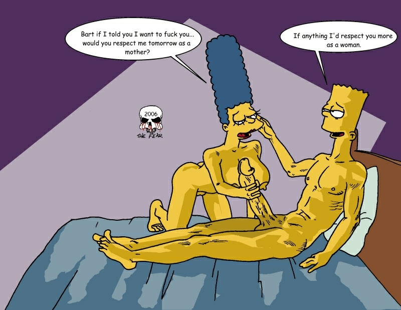 aged_up bart_simpson big_breasts big_penis blue_hair dialogue hair imminent_sex incest marge_simpson mother_&amp;_son stroking the_fear the_simpsons yellow_skin