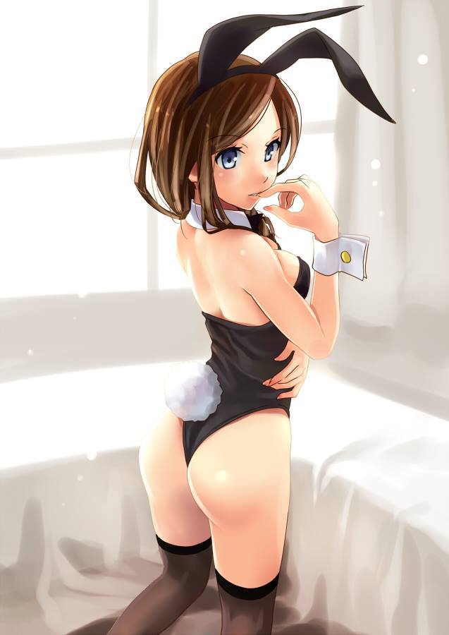 1_girl 1girl arm art artist_request ass babe back bare_back bare_legs bare_shoulders blue_eyes blush bowtie breasts brown_hair bunny_ears bunny_girl bunny_tail bunnysuit detached_collar fake_animal_ears female finger_in_mouth kneel kneeling legs leotard looking_back shiny shiny_skin short_hair sideboob solo strapless thighhighs window wrist_cuffs