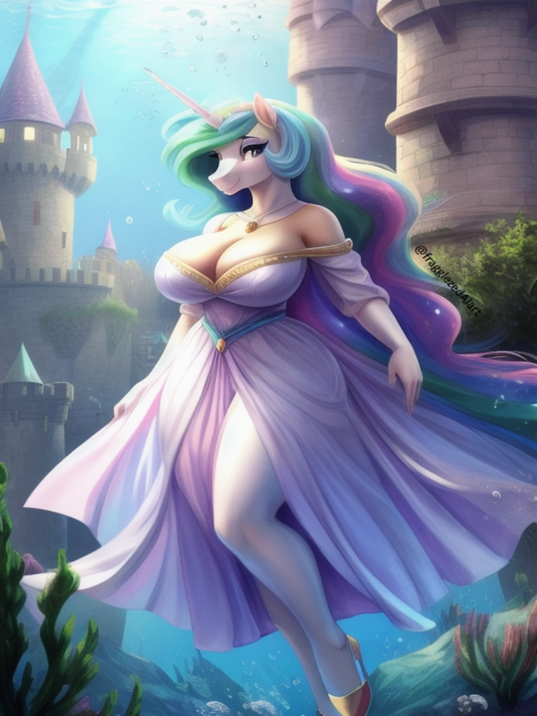 1girl 1girl 1girl big_breasts big_breasts breasts bubble castle clothes coral crepuscular_rays crown dress eyeshadow flower flowing_hair flowing_mane flowing_tail fragglezed friendship_is_magic gem grin hasbro horn huge_breasts jewelry lidded_eyes looking_at_viewer makeup my_little_pony necklace ocean outside princess_celestia princess_celestia_(mlp) regalia scenery seaweed signature smiling_at_viewer sparkles stars sun sunlight swimming tagme tail underwater water