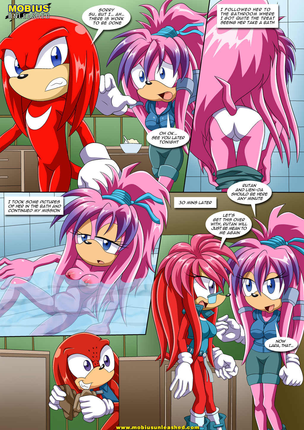 a_strange_affair_2 bathing bbmbbf black_spots comic holding_towel julie-su knuckles_the_echidna lara-su mobius_unleashed nude palcomix purple_eyes removing_clothes rutan_the_echidna sega sneaky sonic_the_hedgehog_(series) talking white_panties white_tips
