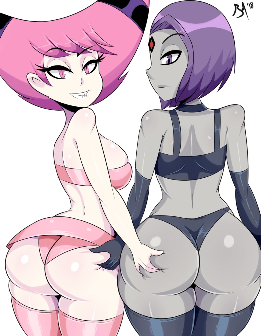 2girls artist_request ass_grab big_ass black_lingerie dat_ass dc_comics female female_only jinx older older_female pale_skin pink_hair pink_lingerie purple_hair raven_(dc) stockings tagme teen teen_titans thick_thighs young_adult young_adult_female young_adult_woman