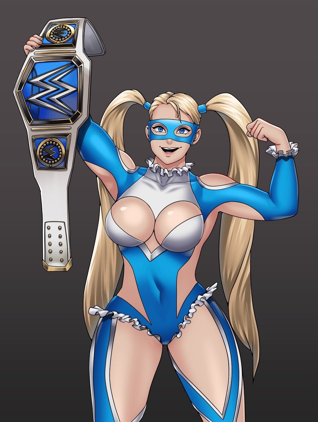 1girl bare_shoulders blonde_hair championship_belt cleavage_cutout clothing_cutout high_res long_hair mask mika_nanakawa rainbow_mika street_fighter treartz twin_tails wrestling_outfit wwe wwe_smackdown_women's_championship_belt