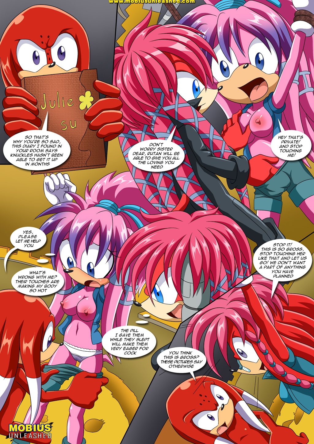 a_strange_affair_2 arguing bbmbbf black_spots blue_eyes blush breasts comic hands_tied holding_breasts incest julie-su lara-su lien-da mobius_unleashed palcomix purple_eyes removing_shorts rubbing_pussy rutan_the_echidna sega sonic_the_hedgehog_(series) white_panties white_tips