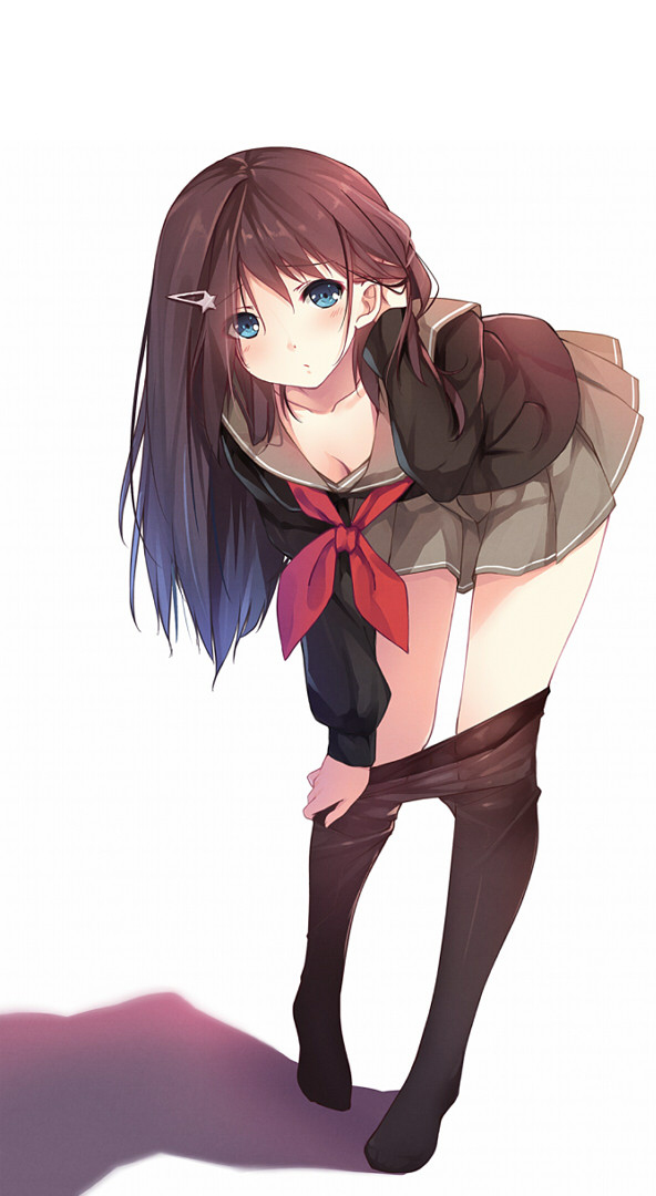 1girl bent_over blue_eyes breasts caidychen cleavage feet hair_ornament hair_tucking hairpin long_hair no_shoes original pantyhose pantyhose_pull school_uniform skirt solo