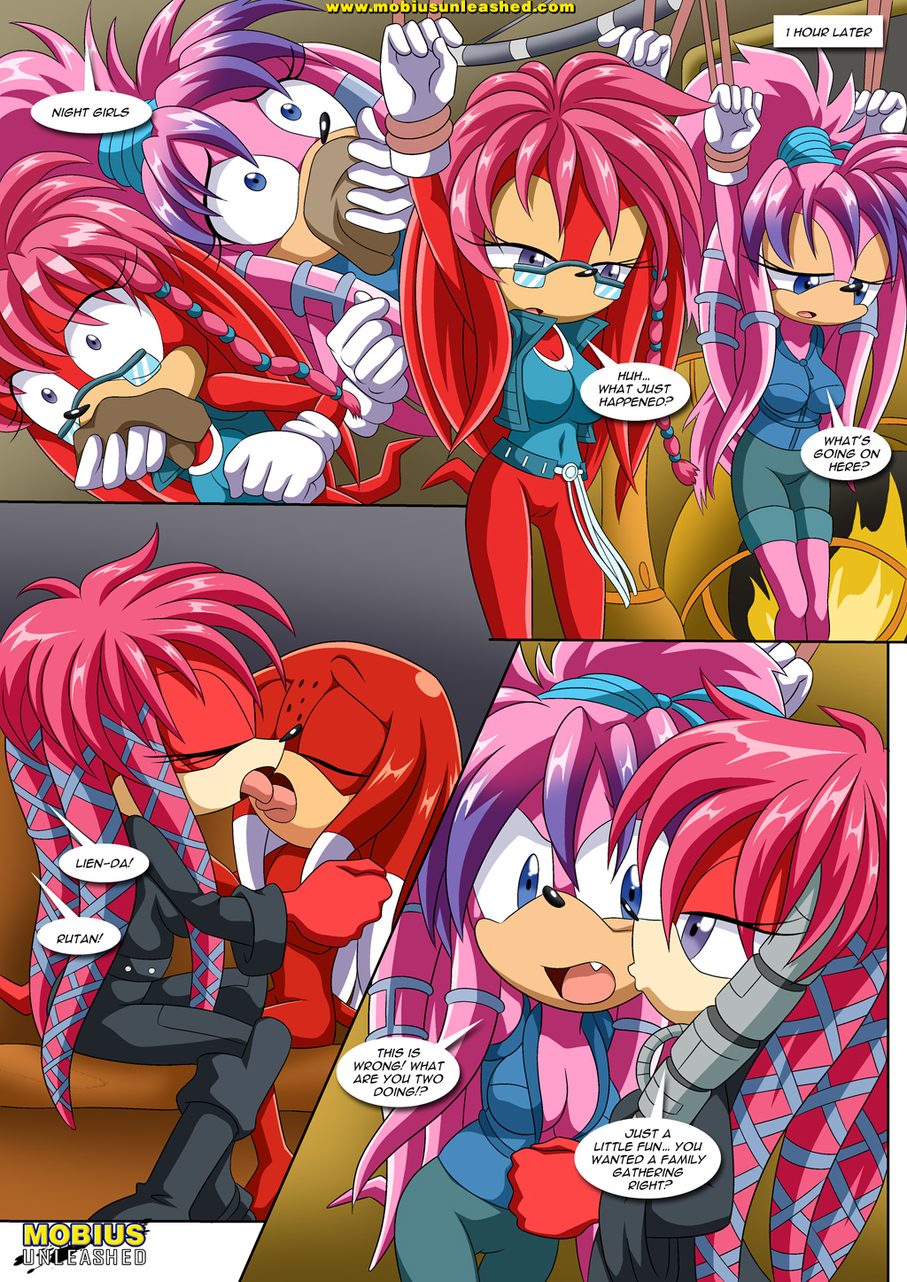 a_strange_affair_2 bbmbbf black_spots closed_eyes comic covering_mouth eyes_half_open french_kiss hands_tied incest julie-su kiss_on_the_cheek lara-su lien-da mobius_unleashed palcomix purple_eyes rutan_the_echidna sega sonic_the_hedgehog_(series) unzipped waking_up white_tips