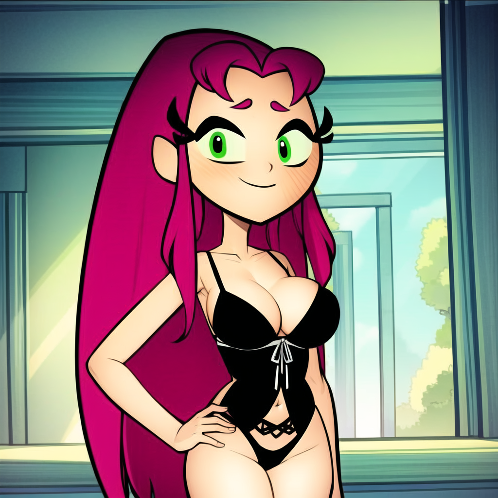 1girl ai_generated alien alien_girl alien_humanoid big_breasts bracelet breasts cartoon_network cats62 dc female green_eyes grin happy koriand'r leotard long_hair long_hair_female looking_away pink_hair smile solo solo_female solo_focus starfire teen_titans teen_titans_go thick_thighs thighs