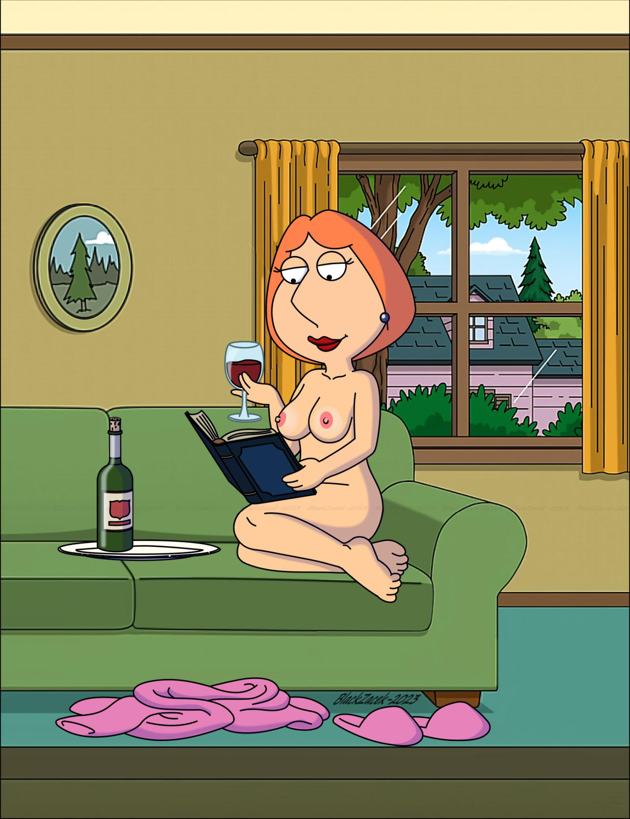 blackzacek completely_nude family_guy housewife lois_griffin reading_book redhead