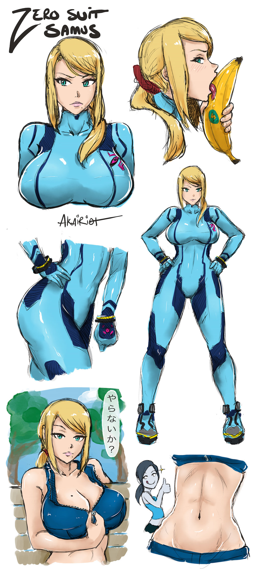 2_girls akairiot aqua_eyes banana beauty_mark big_breasts bimbo bodysuit bra bracelet breasts cleavage crossover fully_clothed hand_on_hip hands_on_hips high_res licking long_hair looking_at_viewer metroid midriff mole montage navel nintendo outside ponytail pose rocket_heels saliva samus_aran simple_background sketch smile spandex standing tank_top thumbs_up tied_hair tongue tongue_out unzipped wii_fit wii_fit_trainer zero_suit zipper
