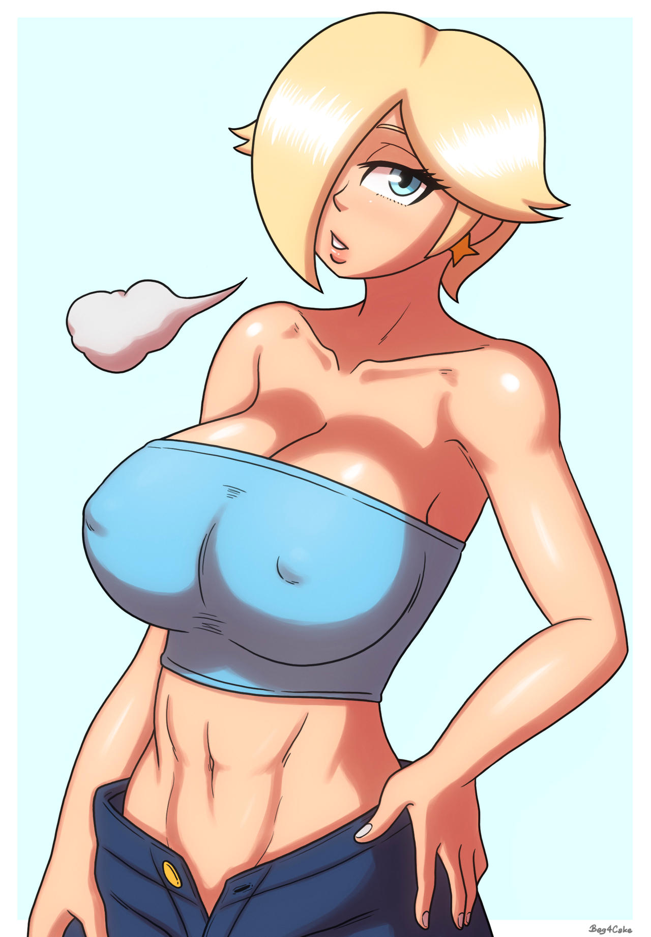 1girl 1girl 1girl 2022 alluring alternate_hair_length athletic_female beg4cake big_breasts big_breasts big_eyes blonde_hair blue_background blue_eyes blue_outfit border bra breasts button_gap buttons cleavage clothed clothed_female covered_nipples earrings erect_nipples erect_nipples_under_clothes female_abs female_only fit_female hair_covering_eye hair_over_one_eye light-skinned_female light_skin looking_at_viewer mario_(series) midriff nintendo one_eye_covered one_eye_obstructed open_mouth pants_down pink_lips pink_lipstick pokies rosalina shiny_breasts shiny_hair shiny_skin short_hair sigh sight simple_background standing taking_clothes_off taking_off_pants toned toned_female tongue_out tubetop unbuttoned_shorts white_border yellow_hair