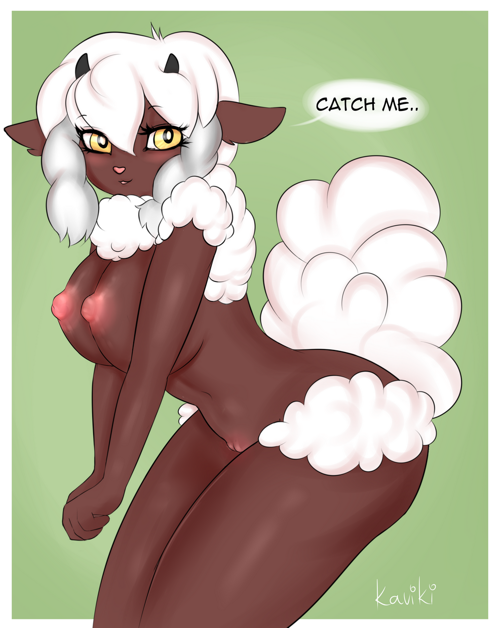 1girl 2019 anthro anthrofied bovid breasts caprine curvaceous curvy_figure english_text genitals high_res kaviki mammal nintendo nipples pinup pok&eacute;mon pok&eacute;mon_(species) pok&eacute;morph pokemon pokemorph pose pussy sex signature speech_bubble text video_games voluptuous wooloo