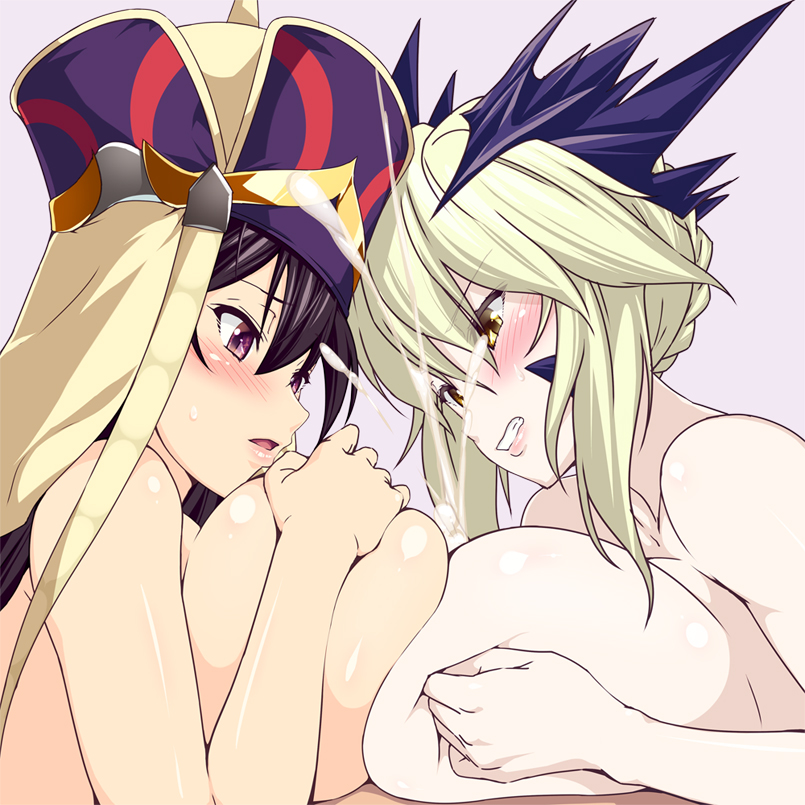 2_girls 846-gou artoria_pendragon artoria_pendragon_(lancer_alter) bare_shoulders big_breasts big_breasts black_hair blonde_hair blush braid breast_hold breast_press breast_squeeze breasts clenched_teeth cum double_paizuri ejaculation ejaculation_between_breasts eyebrows_visible_through_hair fate/grand_order fate_(series) french_braid hat lips long_hair looking_down male/female mature mature_female multiple_girls multiple_paizuri open_mouth paizuri pov projectile_cum purple_eyes shiny shiny_skin symmetrical_docking tagme teamwork teeth tied_hair video_game_character video_game_franchise xuanzang_(fate) yellow_eyes