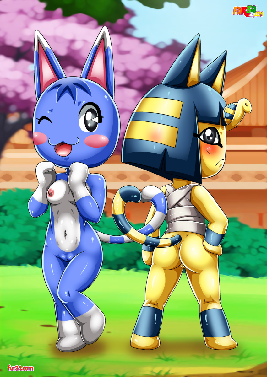 animal_crossing ankha_(animal_crossing) ass bbmbbf blue_fur bouquet_(doubutsu_no_mori) cat_ears cat_tail catgirl doubutsu_no_mori fur34 fur34* furry nintendo palcomix rosie_(animal_crossing) smile tail