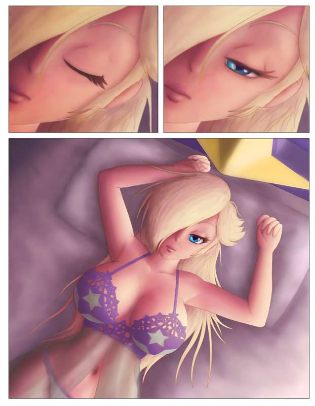 1girl arms_at_sides bedroom bedroom_eyes blue_eyes breasts casual_clothes closed_eyes cushion female_only hair_over_one_eye light_blue_panties lingerie long_hair lying lying_on_bed navel nintendo page_1 pale-skinned_female pale_skin pink_lips pink_lipstick platinum_blonde_hair princess princess_rosalina purple_bra purple_clothing purple_lingerie rosalina rosalina_(mario) saf-404 safartwoks safartworks story super_mario_bros. super_smash_bros. wake_up