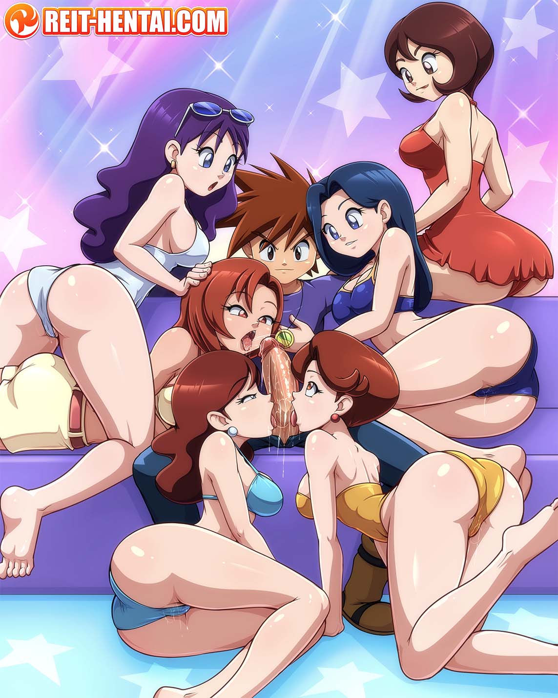 1_boy 1boy 6_girls 6girls ass earrings erection female female_human gary_oak harem huge_penis human human/human imminent_oral licking_penis looking_at_penis male male_human mostly_nude multiple_girls naughty_face open_mouth partially_visible_vulva penis penis_grab pokemon pokemon_character pokemon_trainer reit sucking_penis sucking_testicles swimsuit tongue_out uncensored vaginal_sex veiny_penis
