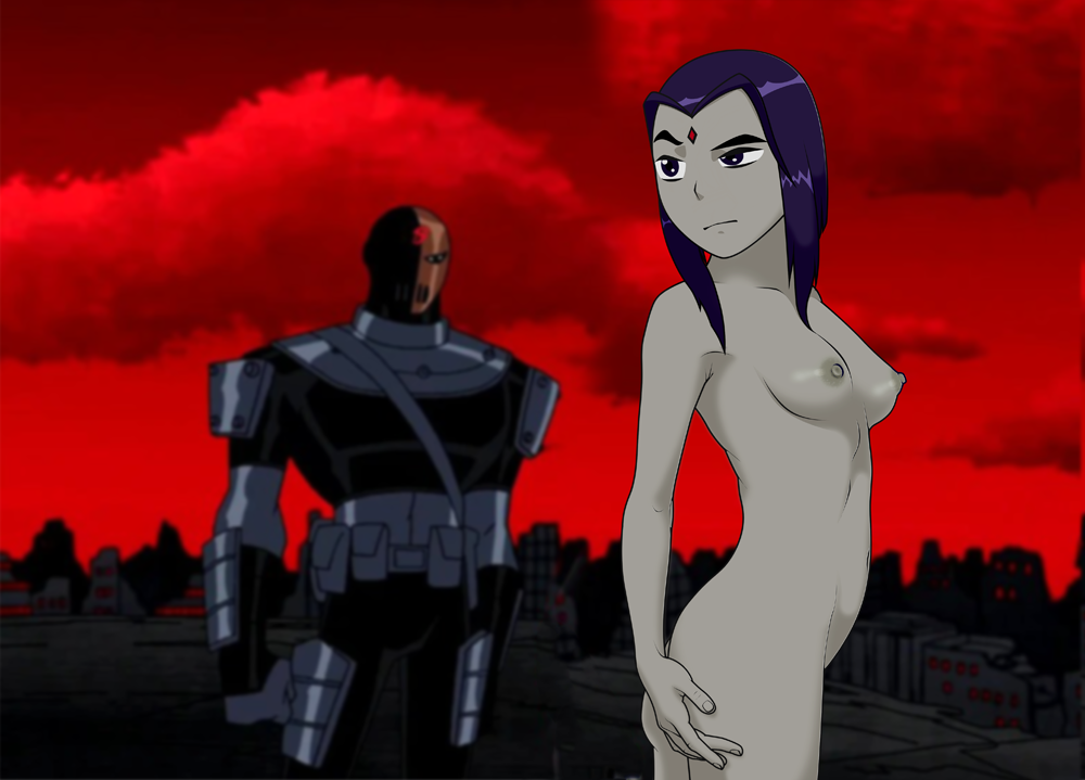 1boy 1girl anaxus ass breasts casual_nudity dc_comics deathstroke female_focus hand_on_own_ass looking_back nipples nude nude nude_female one_eye_half-closed raven_(dc) screenshot screenshot_edit slade solo_focus standing teen_titans