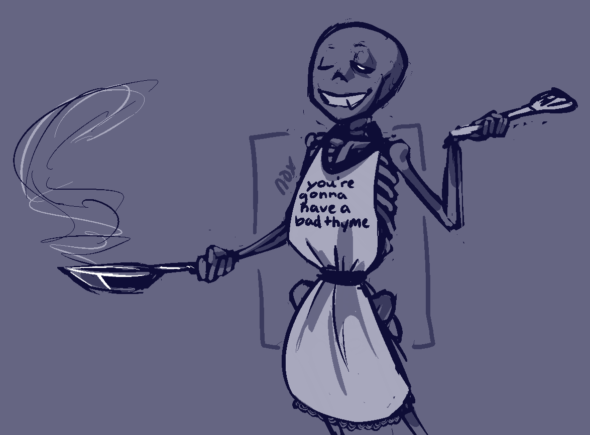 1boy 2010s 2015 2d 2d_(artwork) animated_skeleton apron bad_id bad_tumblr_id digital_media_(artwork) frying_pan male male_only monochrome monster naked_apron noxiousaberration one_eye_closed partially_nude sans sans_(undertale) simple_background skeleton solo solo_male spatula text_on_apron undead undertale undertale_(series) video_games