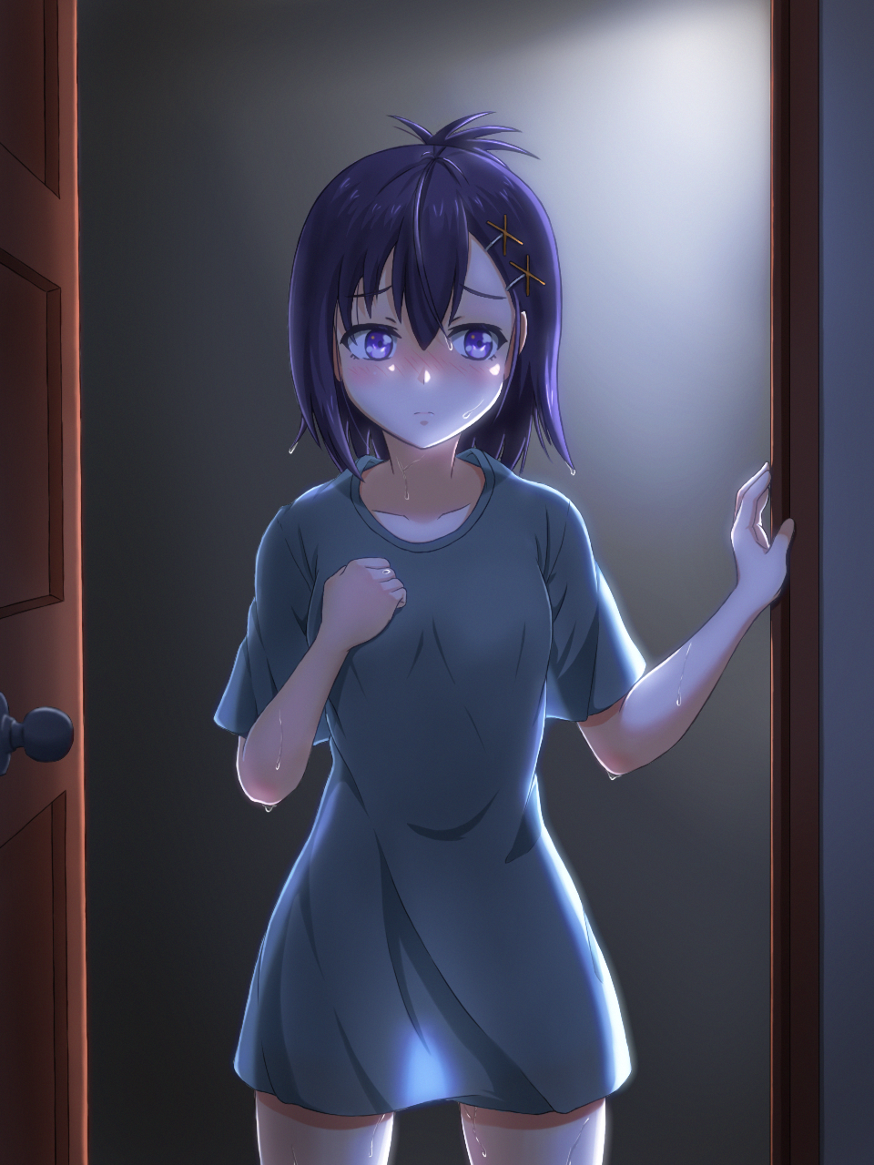 1girl blush clenched_hand collarbone doorway embarrassed female_only gabriel_dropout green_shirt hair_between_eyes hair_ornament hairclip hand_on_own_chest highres kannazuki_kenji looking_away nose_blush open_door oversized_clothes oversized_shirt purple_eyes purple_hair see-through_silhouette shirt short_sleeves solo_female standing t-shirt tagme vignette_tsukinose_april wet wet_hair x_hair_ornament