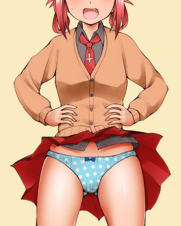1girl 1girl :d ass_visible_through_thighs blue_panties blush bow bow_panties cardigan commentary_request cowboy_shot cross dr_rex fang gabriel_dropout hair_rings hands_on_own_hips head_out_of_frame inverted_cross neck_tie open_mouth panties pantyshot pink_hair polka_dot polka_dot_panties red_hair satanichia_kurumizawa_mcdowell school_uniform skirt smile standing underwear wind wind_lift