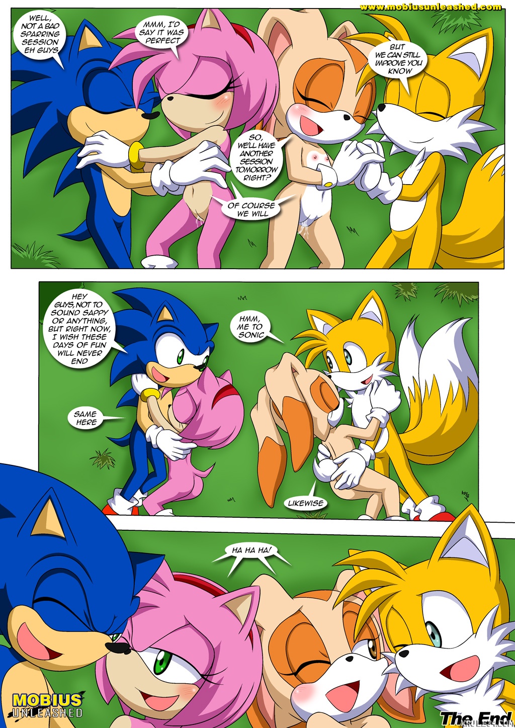 2_tails amy_rose anthro anthro_on_anthro bbmbbf black_nose blue_fur blush bodily_fluids bunny colored_background comic cream_the_rabbit cum cum_in_pussy daytime female fox fur furry gloves grass hedgehog looking_at_another male male/female mammal miles_"tails"_prower mobius_unleashed palcomix pussy sega sonic_the_hedgehog sonic_the_hedgehog_(series) tails_the_fox text text_bubble video_games yellow_fur