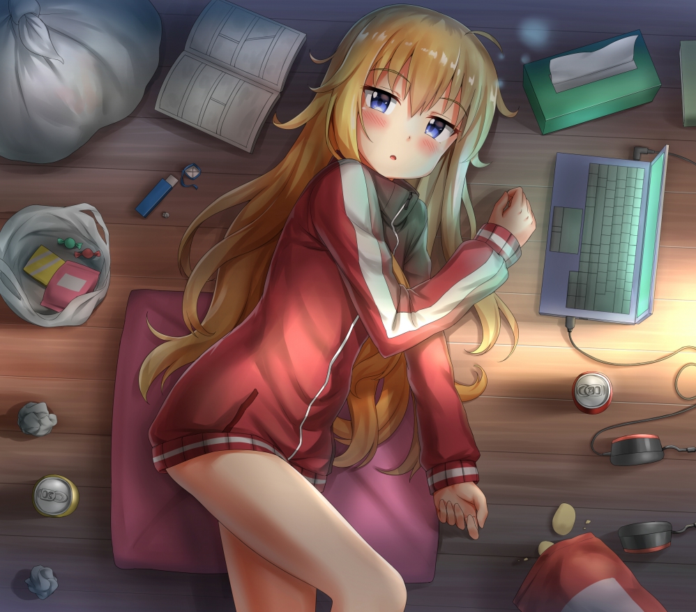 1girl 1girl :o bag bag_of_chips blonde_hair blue_eyes blush can chips_(food) commentary_request computer cushion food from_above gabriel_dropout gabriel_tenma_white grocery_bag headphones headphones_removed jacket laptop lighter long_hair long_sleeves looking_at_viewer lying manga_(object) messy_hair nedia_(nedia_region) no_pants on_floor on_side plastic_bag potato_chips shopping_bag sleepy soda_can tissue_box track_jacket used_tissue very_long_hair wooden_floor wrapped_candy