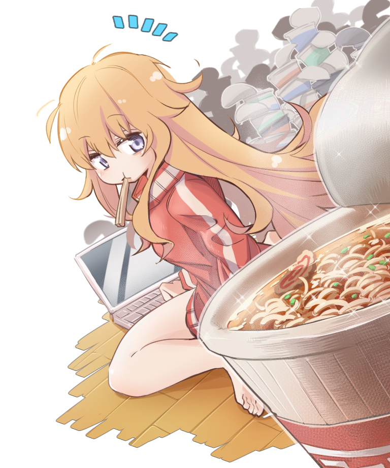 1girl :t ^^^ barefoot blonde_hair blush chopsticks closed_mouth commentary_request computer cup_ramen dutch_angle food from_behind gabriel_dropout gabriel_tenma_white hair_between_eyes hc2002 jacket kamaboko laptop long_hair long_sleeves looking_back messy_hair mouth_hold narutomaki noodles on_floor purple_eyes ramen sfw sitting sparkle track_jacket very_long_hair white_background wooden_floor