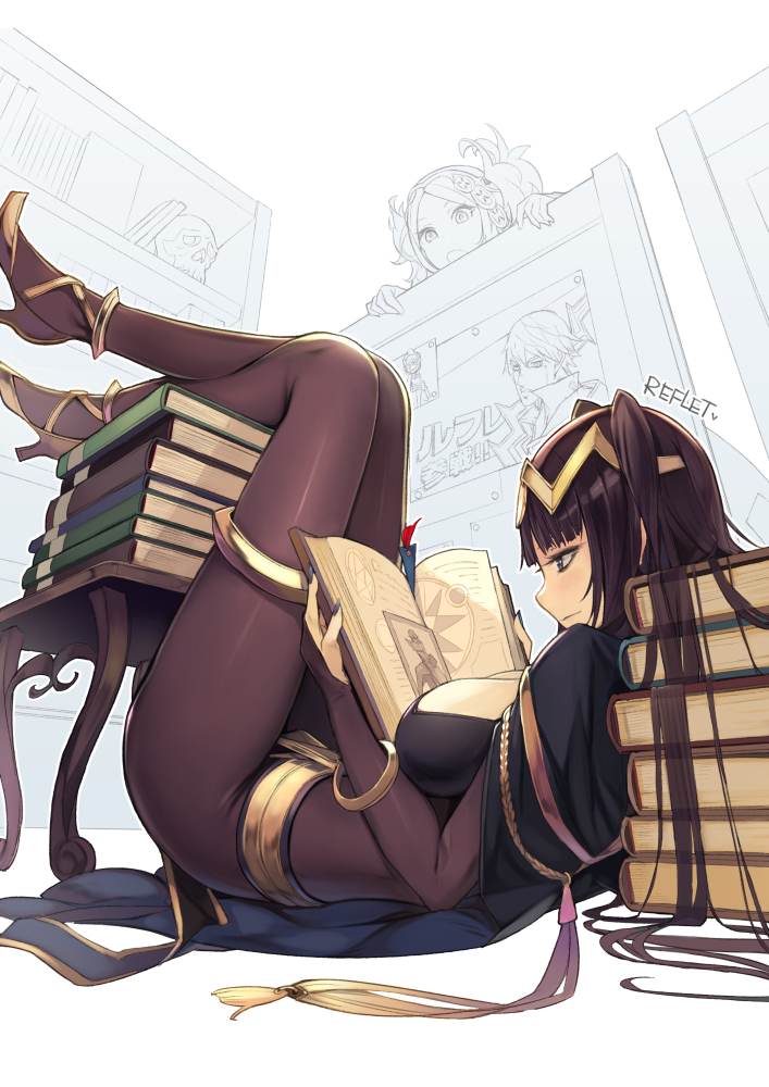 2_girls big_breasts black_hair black_nails bodystocking book book_stack bookshelf breasts brown_eyes cape cleavage desk fingernails fire_emblem fire_emblem_awakening full_body headpiece high_heels holding holding_book legs legs_up lissa_(fire_emblem) long_hair looking_at_another lying milf multiple_girls nail_polish on_back open_mouth partially_colored pelvic_curtain robin_(fire_emblem)_(male) simple_background tharja white_background