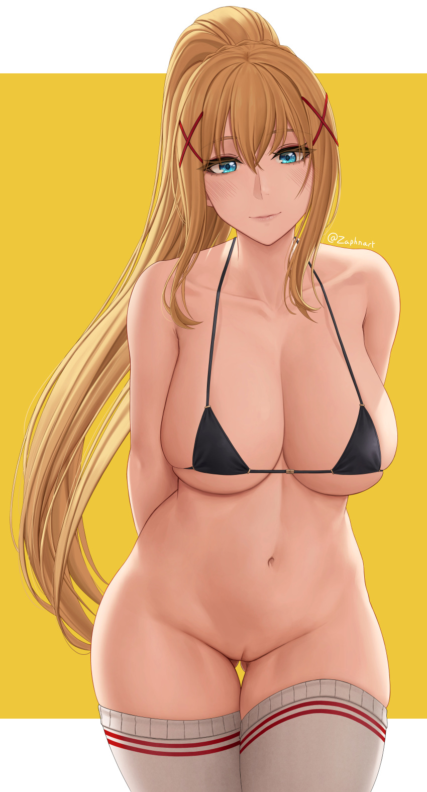 1girl alternate_version_available aqua_eyes archway_of_venus arms_behind_back bangs bare_shoulders belly belly_button big_breasts bikini black_bikini black_swimsuit blonde_hair blue_eyes blunt_bangs blush border breasts cameltoe cleavage closed_mouth cowboy_shot curvaceous curvy curvy_figure darkness_(konosuba) dirty_blonde dirty_blonde_hair eye_contact eyebrows_visible_through_hair eyelashes female_only gluteal_fold hair_between_eyes hair_ornament high_ponytail high_res highleg highleg_bikini highleg_swimsuit hourglass_figure huge_breasts kono_subarashii_sekai_ni_shukufuku_wo! light-skinned_female light_skin long_hair looking_at_viewer micro_bikini navel pink_lips pose posing pussy revealing_clothes sandy_blonde sandy_blonde_hair side-tie_bikini sideboob sidelocks simple_background smirk socks standing stockings string_bikini swimsuit thick_thighs thigh_gap thighs tied_hair very_long_hair white_border white_legwear wide_eyed wide_hips x_hair_ornament yellow_background zaphn
