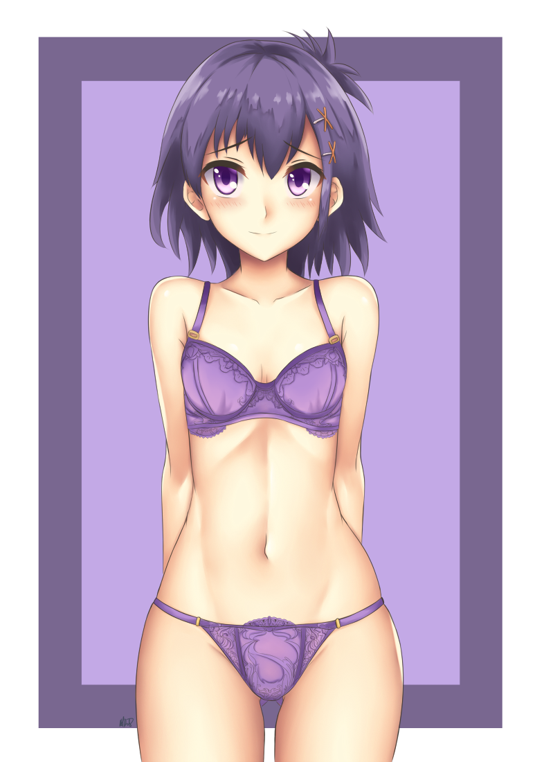 1girl 1girl arcie_albano arms_at_sides blush bra breasts collarbone commentary_request cowboy_shot gabriel_dropout hair_ornament navel panties purple_background purple_bra purple_eyes purple_hair purple_panties short_hair shy small_breasts smile stomach thighs topknot underwear underwear_only vignette_tsukinose_april x_hair_ornament