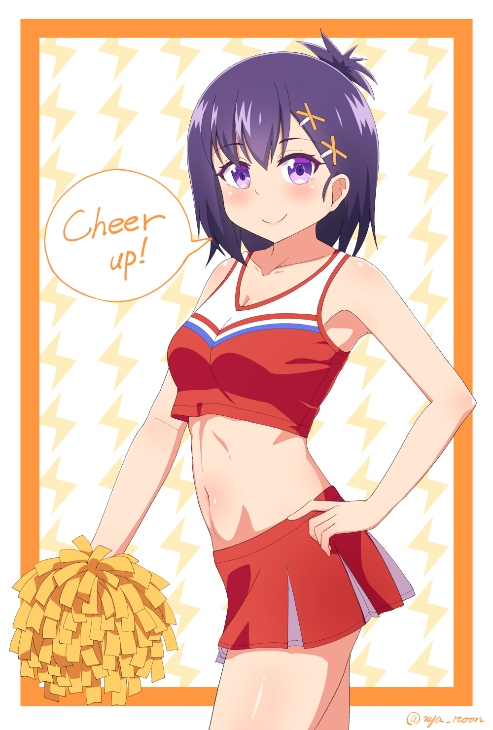 1girl 1girl bad_id bad_pixiv_id bare_shoulders cheerleader collarbone crop_top english_text gabriel_dropout hair_ornament hairclip hand_on_own_hip high_res midriff miniskirt navel nyaroon pleated_skirt pom_pom_(cheerleading) purple_eyes purple_hair short_hair skirt smile speech_bubble stomach tank_top topknot vignette_tsukinose_april x_hair_ornament
