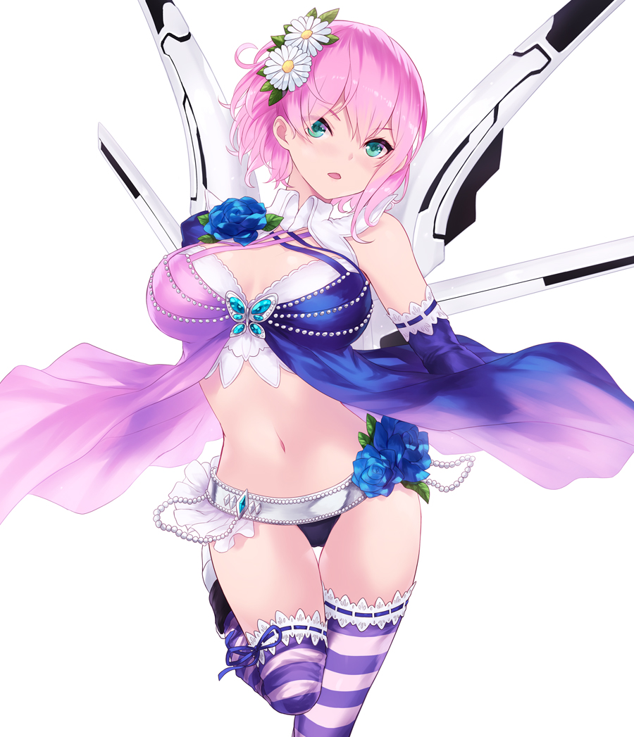 1girl alisa_bosconovitch alluring big_breasts blue_flower blue_rose breasts cait cait_aron cleavage eyes_visible_through_hair female_only flower green_eyes hair_flower hair_ornament long_hair looking_at_viewer midriff namco navel open_mouth pink_hair rose short_hair simple_background standing standing_on_one_leg stockings striped striped_legwear tekken voluptuous white_background