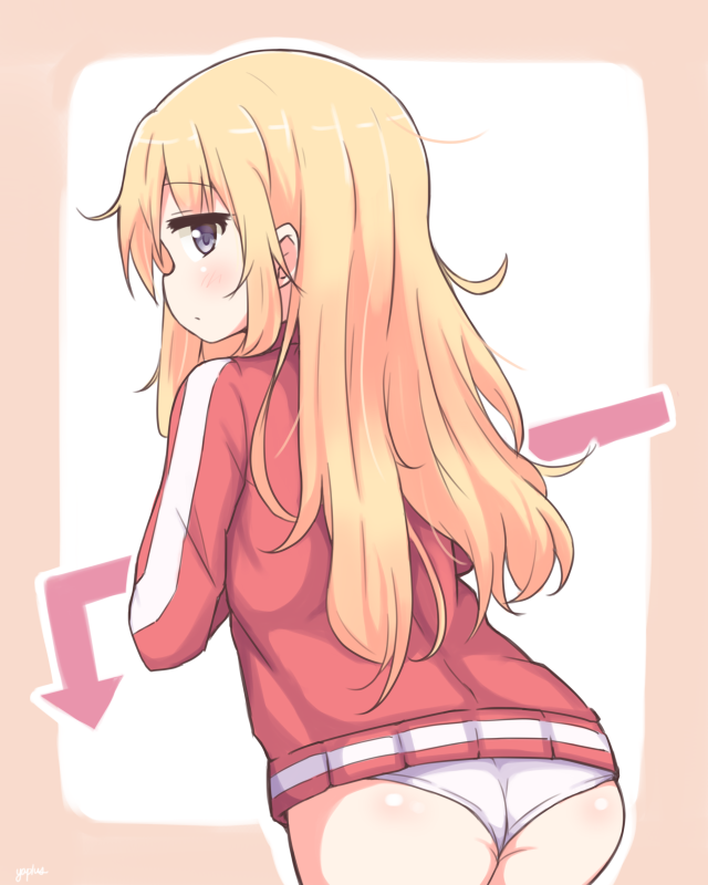 1girl 1girl :/ arrow_(symbol) ass bad_id bad_pixiv_id blonde_hair blue_eyes blush border closed_mouth from_behind gabriel_dropout gabriel_tenma_white jacket long_hair messy_hair panties profile red_jacket track_jacket underwear white_panties yaplus