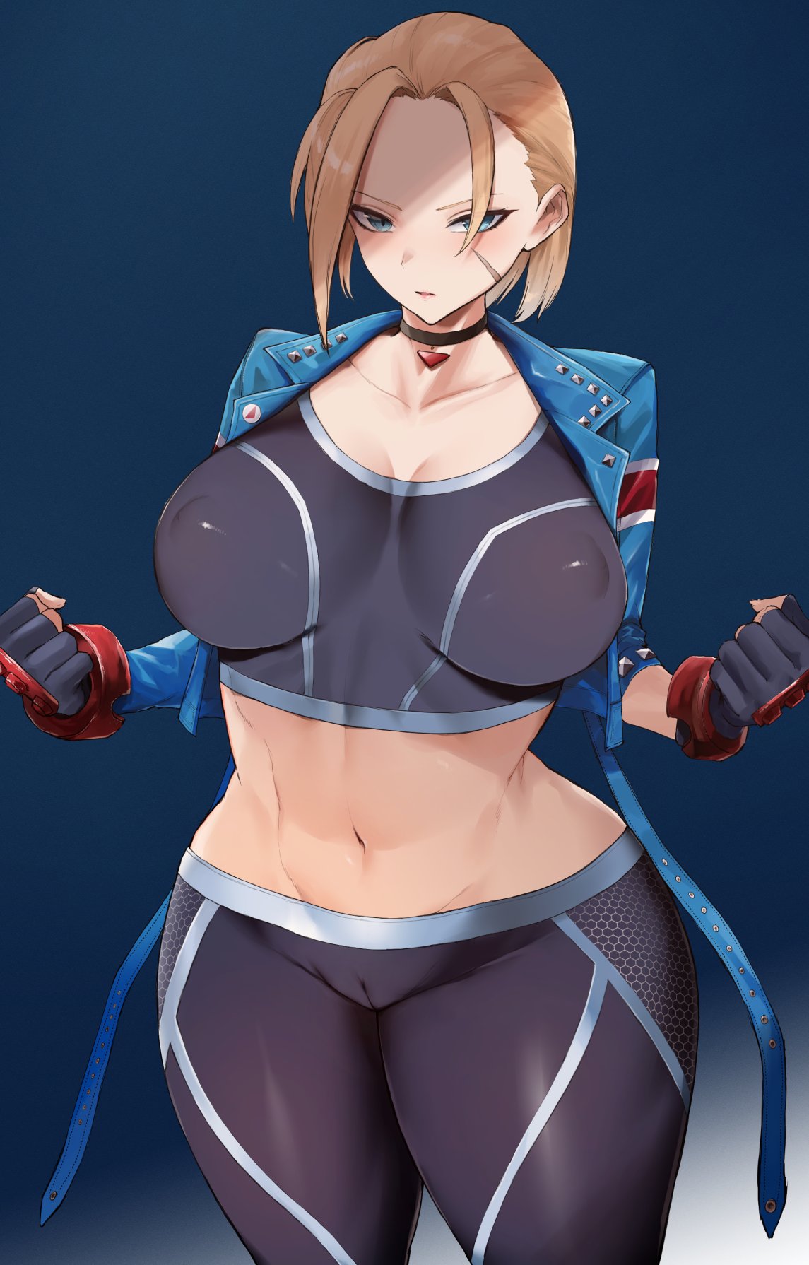 1girl big_breasts blue_eyes cameltoe cammy_white capcom fighting_stance jacket kataku_musou looking_at_viewer nipples_visible_through_clothing non-nude street_fighter street_fighter_6 video_game_character video_game_franchise