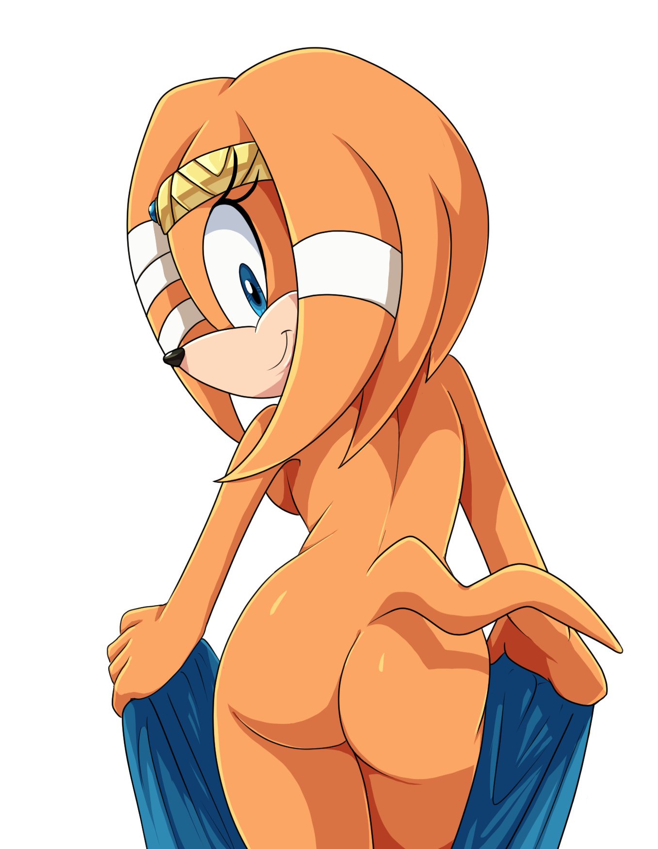 1girl anthro ass backboob bandage blue_eyes breasts butt_pose crown echidna eyelashes female_only fur high_res holding_object holding_towel looking_at_viewer looking_back mammal monotreme nude orange_body orange_fur pose rear_view scittykitty sega simple_background smile solo_female sonic_adventure sonic_the_hedgehog_(series) tiara tikal_the_echidna towel white_background