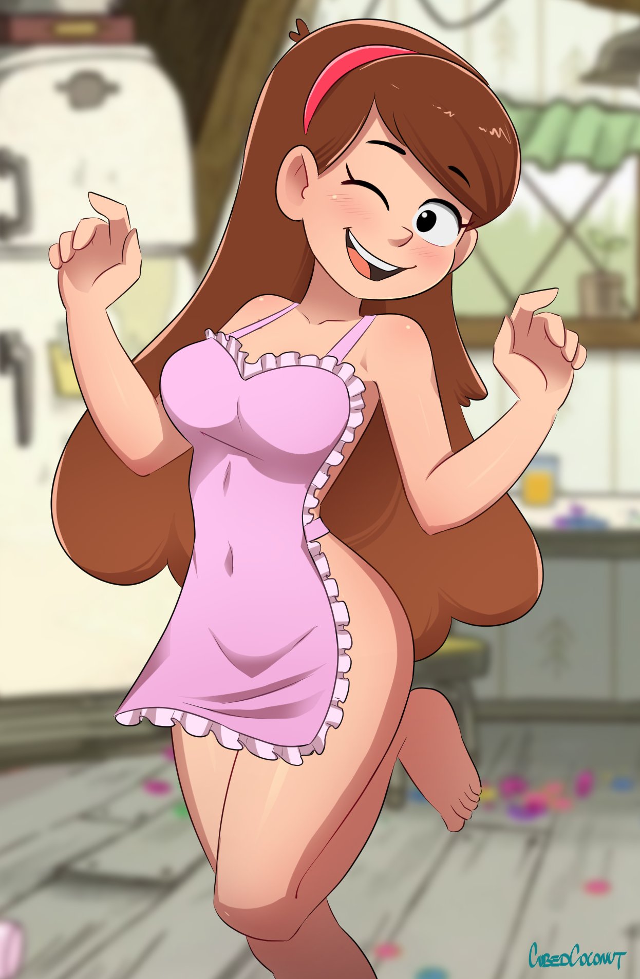 1girl accessory apron apron_only artist_name black_eyes blurry_background blush brown_hair cubedcoconut depth_of_field disney disney_xd feet gravity_falls hair_accessory hair_ornament hairband happy indoors kitchen light-skinned_female light_skin long_hair looking_at_viewer mabel_pines naked_apron navel_outline one_eye_closed one_leg_up open-mouth_smile open_mouth open_smile sexy sexy_body shiny shiny_skin smile smiling_at_viewer standing thick_thighs thighs very_long_hair wide_hips wink