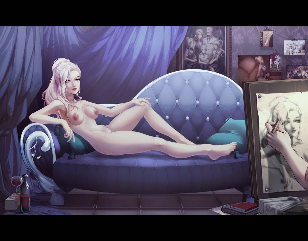 1boy 1girl d097277 d097277_(artist) deviantart draw_me_like_one_of_your_french_girls french_girl_pose nude_painting painter painting portrait posing rwby sofa titanic_(1997_film) white_hair wine wine_glass winter_schnee
