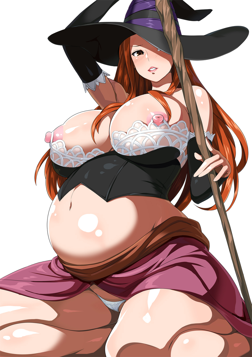 1girl big_breasts breasts dragon's_crown female female_only hat highres huge_breasts pregnant resized shin'ya_(shin'yanchi) solo sorceress_(dragon's_crown) staff vanillaware witch_hat