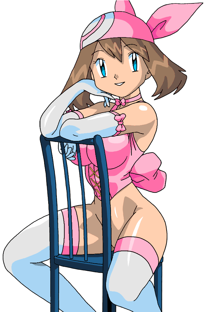 1girl alluring big_breasts chair corset kageta may may_(pokemon) naked_from_the_waist_down pokemon_(anime) sitting thighhighs transparent_background