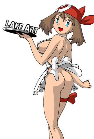 1girl alluring alpha_channel apron apron_only bloggerman blue_eyes bottomless brown_hair female_only female_solo haruka_(pokemon) headband kageta lake_art leg_band looking_at_viewer lowres may may_(pokemon) naked_apron plate pokemon short_hair smile solo transparent_background watermark