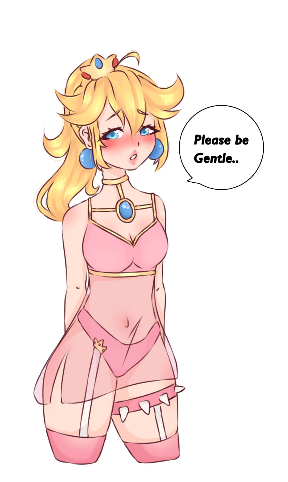 big_breasts blonde_hair blush blushing_face crown cute female_only lingerie mario_(series) nintendo princess princess_peach sexually_suggestive small_ass sockings source_request strawberry_pie_(artist) super_mario_bros. tagme talking_to_viewer white_background