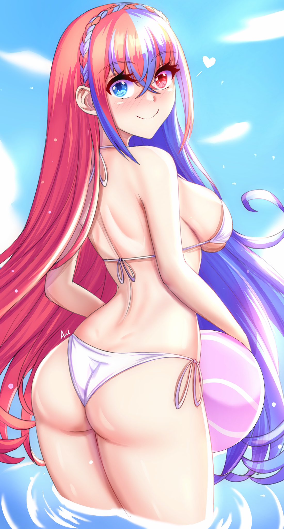 1girl alear_(female)_(fire_emblem) alear_(fire_emblem) alluring alternate_costume anisdrawn ass back back_view ball bare_back bare_shoulders bare_thighs beachball big_ass bikini blue_eyes blue_hair blue_sky braid breasts cloud commentary_request crown_braid day female_only fire_emblem fire_emblem_engage heterochromia high_res holding holding_ball long_hair looking_at_viewer looking_back medium_breasts multicolored_hair nintendo red_eyes red_hair sidelocks sky streaked_hair swimsuit thighs very_long_hair wading water white_bikini white_swimsuit