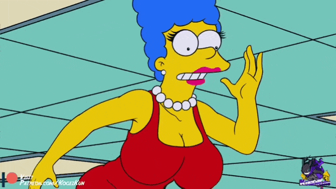 1girl animated bouncing_breasts erect_nipples gif huge_breasts kogeikun marge_simpson red_dress the_simpsons undressing